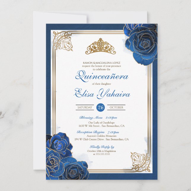 Vintage Royal Blue Gold Roses Royal Quinceanera Invitation (Front)