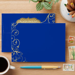 Vintage Royal Blue Gold Swirl Wedding Envelopes
