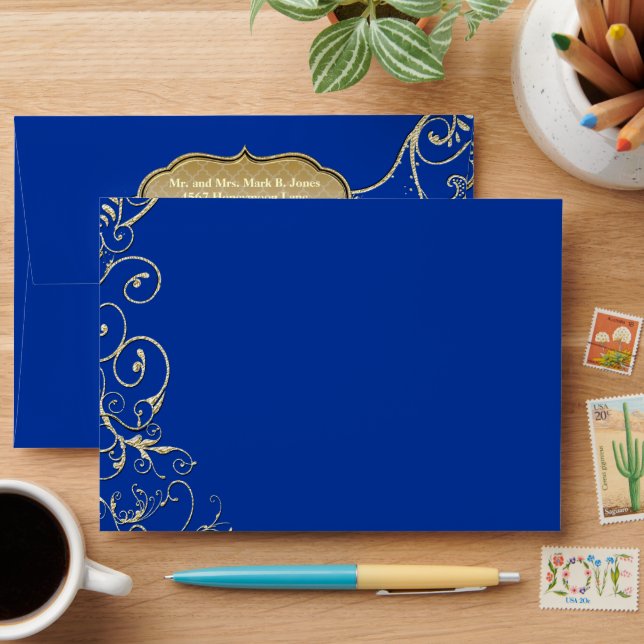 Vintage Royal Blue Gold Swirl Wedding Envelopes (Desk)