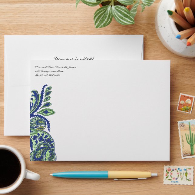 Vintage Royal Blue Navy Peacock Wedding Envelopes (Desk)