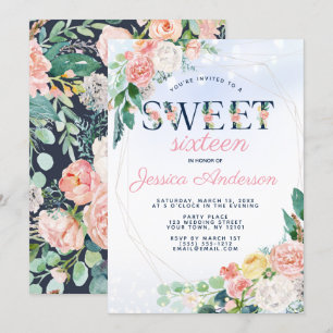 Vintage Royal Blue Pink Floral Sweet 16 Birthday Invitation