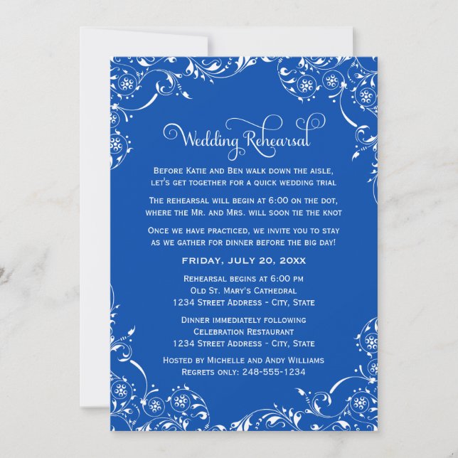 Vintage Royal Blue Wedding Rehearsal and Dinner Invitation (Front)