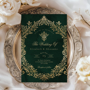 Vintage Royal Emerald Gold Wedding Invitation
