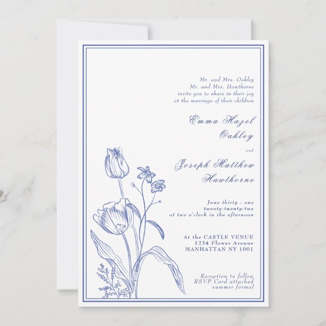 Vintage royal floral crest pastel blue Wedding Invitation (Front)