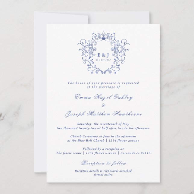 Vintage royal floral crest pastel blue Wedding Invitation (Front)