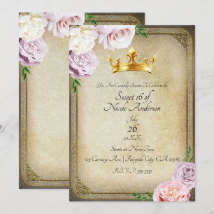 Vintage Royal Gold Crown Floral Sweet 16 Party Invitation