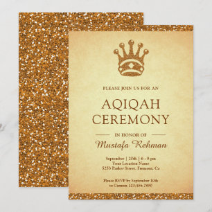 Vintage Royal Gold Crown Glitter Aqeeqah   Aqiqah Invitation