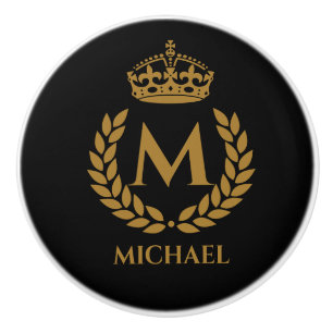 Vintage royal king golden crown name initial black ceramic knob