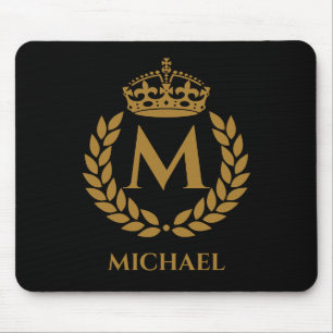 Vintage Royal King Golden Crown Name Initial Black Mouse Mat