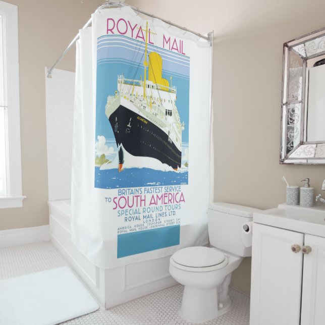 VINTAGE ROYAL MAIL TRAVEL POSTER SHOWER CURTAIN (In Situ)