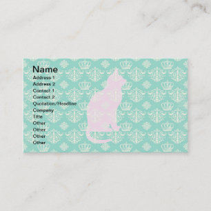 Vintage Royal Teal White Damask Cat Design Pattern Business Card