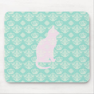 Vintage Royal Teal White Damask Cat Design Pattern Mouse Mat