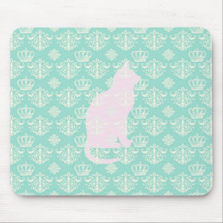 Vintage Royal Teal White Damask Cat Design Pattern Mouse Mat