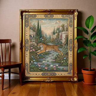Vintage Royal Tiger Mughal Miniature Indian Poster