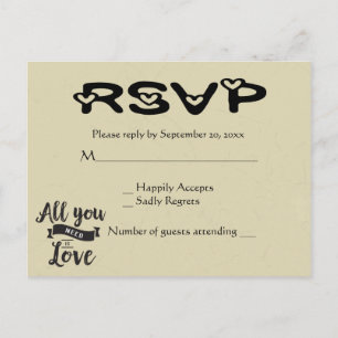 Vintage RSVP Tan & Black Wedding Love Hearts Invitation Postcard