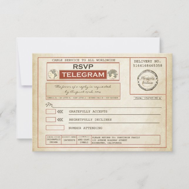 vintage RSVP WEDDING telegrams Card (Front)