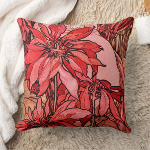 Vintage Ruby by Alphonse Mucha Floral Red Cushion