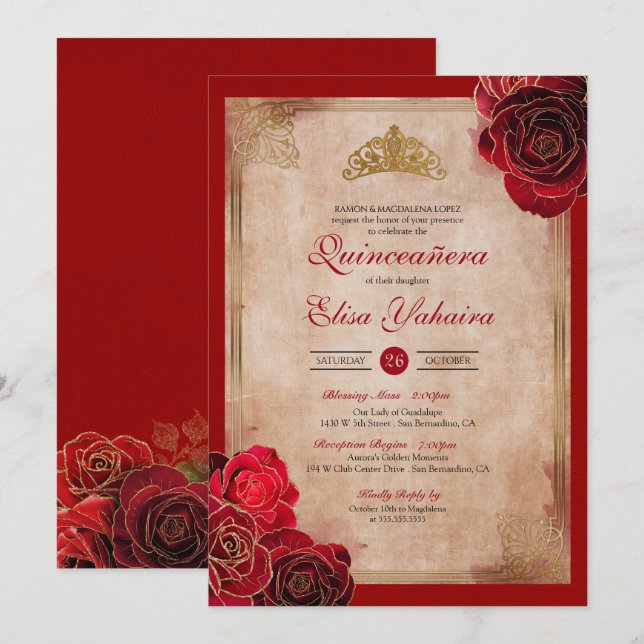 Vintage Ruby Red & Gold Roses Royal Quinceanera Invitation (Front/Back)