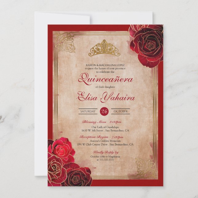 Vintage Ruby Red & Gold Roses Royal Quinceanera Invitation (Front)