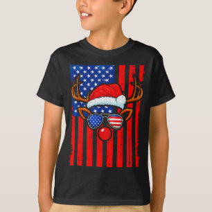 Vintage Rudolph Rednose Santa Hat Us Flag Christma T-Shirt