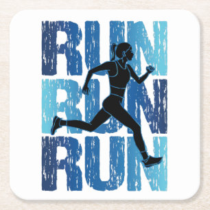 Vintage Runner Girl - Run Run Run Square Paper Coaster