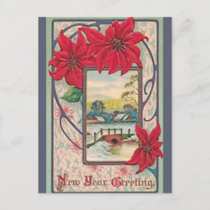 Vintage Rural Winter Scene Bridge New Year Postcard