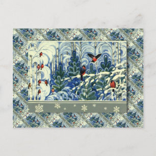 Vintage Russian Christmas, Robins in the forest Holiday Postcard