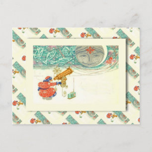 Vintage Russian Christmas, Santa and telescope Holiday Postcard