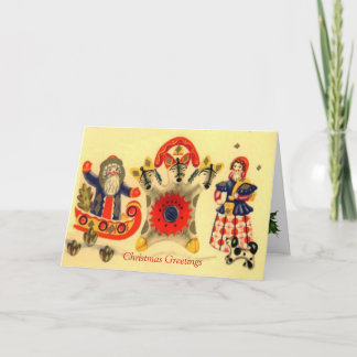 Vintage  Russian Christmas, Santa, Troika, Girl Holiday Card