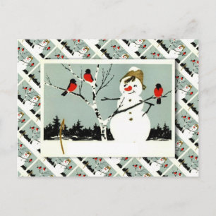 Vintage Russian Christmas, Snowman and robins Holiday Postcard