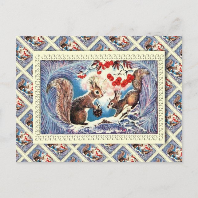 Vintage Russian Christmas, Squirrels at home Holiday Postcard (Front)