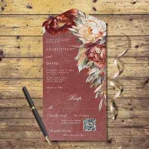 Vintage Rust & Cream Peonies Floral QR Code All In One Invitation