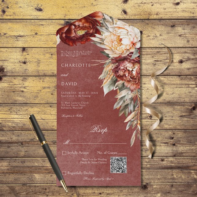 Vintage Rust & Cream Peonies Floral QR Code All In One Invitation (Also available without a QR code; with or without dinner selection options.)