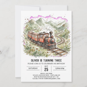 Vintage Rust Steam Train Birthday Invitation