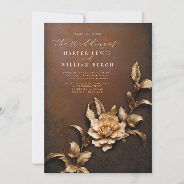 vintage rustic 3d metallic foliage wedding invitation (Front)