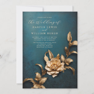 vintage rustic 3d metallic foliage wedding invitation