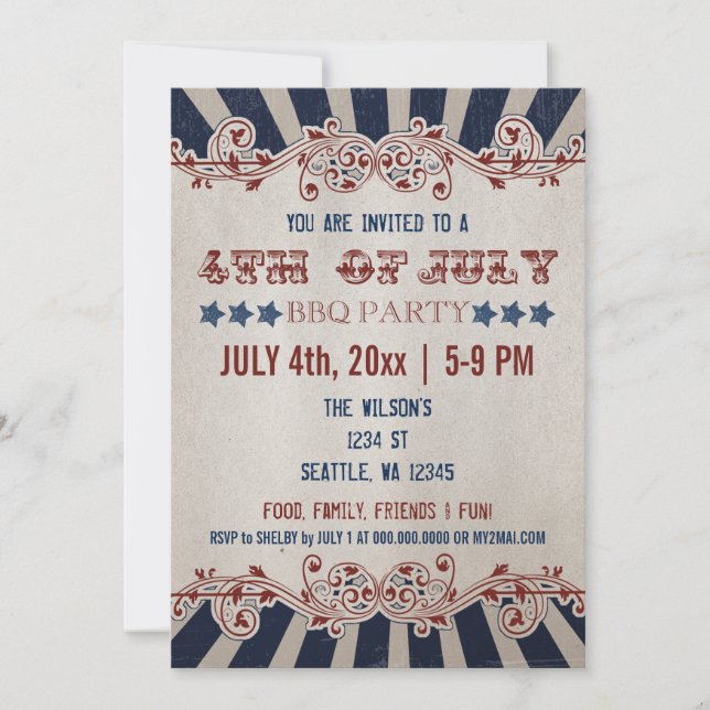 Vintage Rustic 4th of July BBQ Party Invitations (Front)