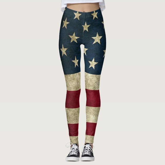 Vintage Rustic American Flag Patriotic Leggings (Front)