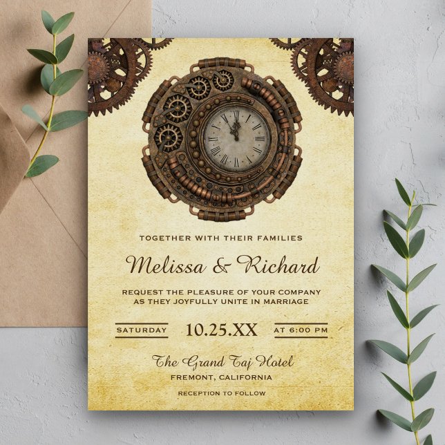 Vintage Rustic Antique Clock Steampunk Wedding Invitation (Creator Uploaded)