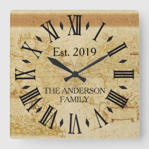 Vintage Rustic Antique Old World Map Custom Square Wall Clock