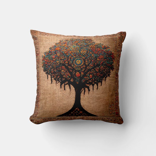 Vintage Rustic Antique Tree of Life Cushion (Front)