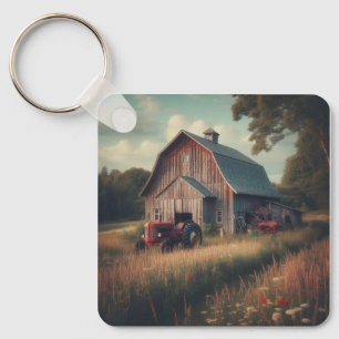 Vintage rustic barn and old tractors key ring