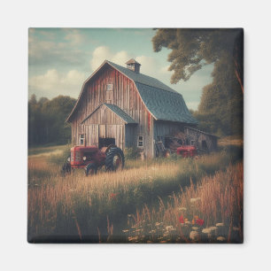 Vintage rustic barn and old tractors magnet