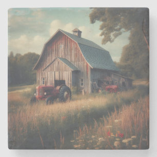 Vintage rustic barn and old tractors stone coaster