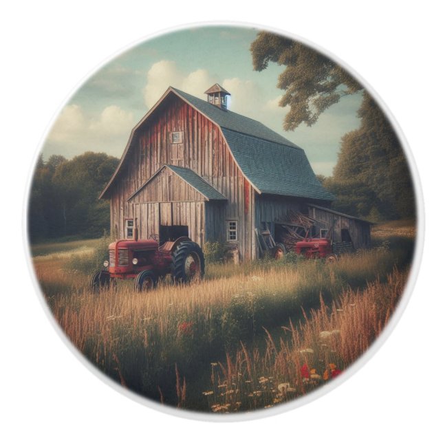 vintage/rustic barn & tractor art ceramic knob (Front)