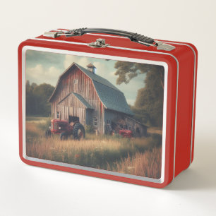 vintage/rustic barn & tractor art metal lunch box