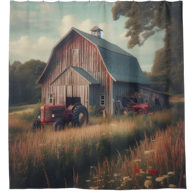 vintage/rustic barn & tractor art shower curtain (Front)