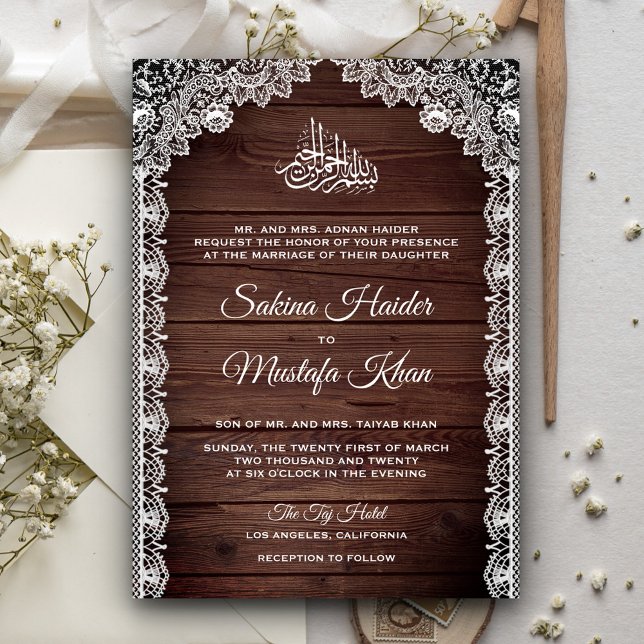 Vintage Rustic Barn Wood Lace Islamic Wedding Invitation (Creator Uploaded)