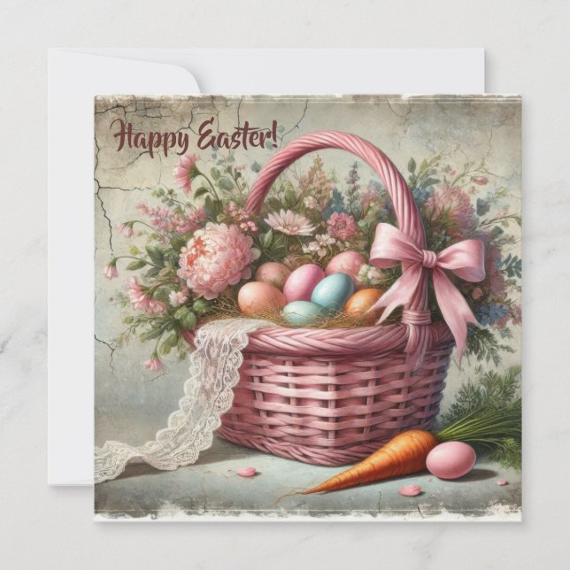 Vintage rustic basket with pastel eggs and carrots holiday card (Front)