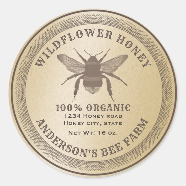 Vintage rustic  bee  honey jar label (Front)